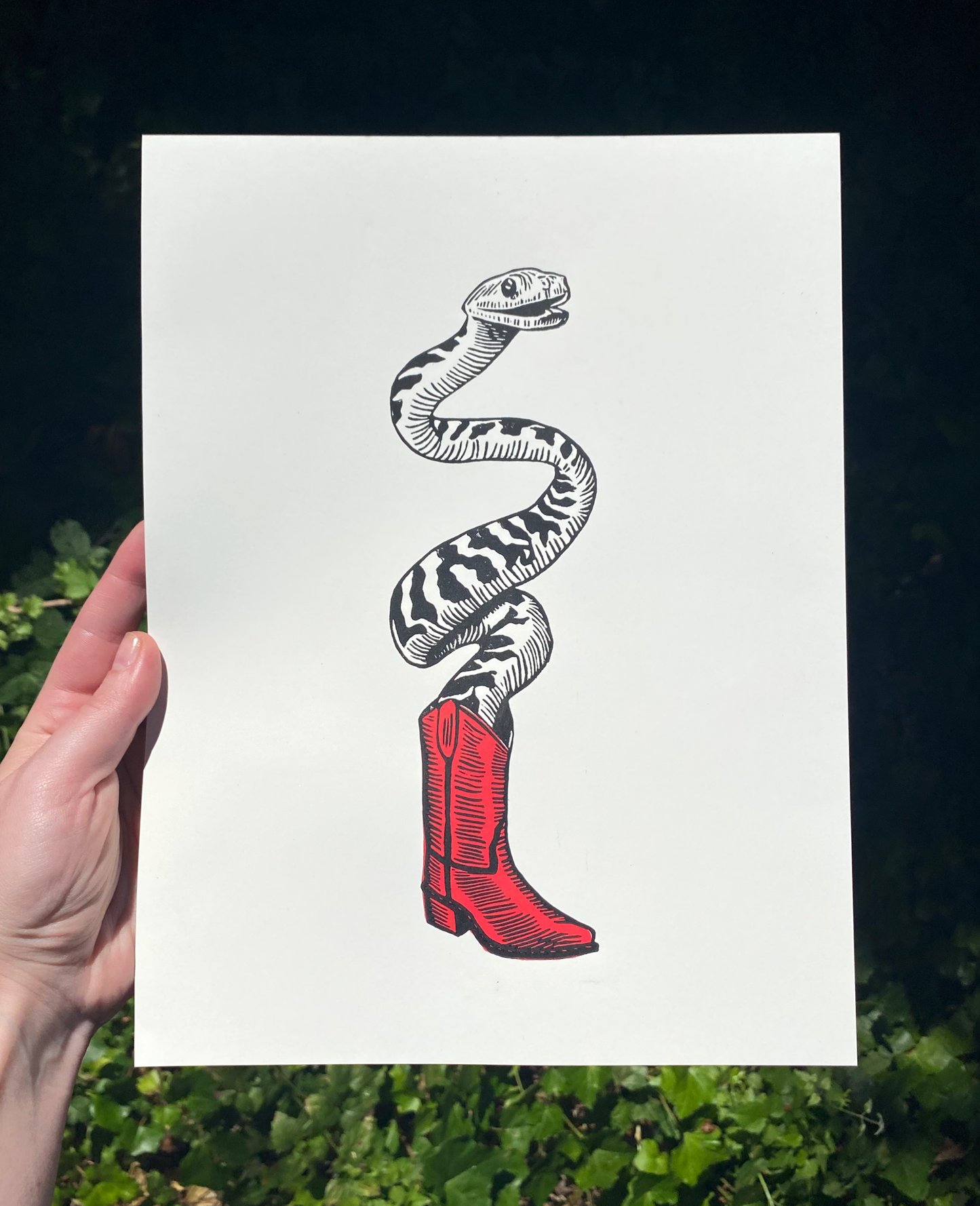 Snake in Boot Linocut Print
