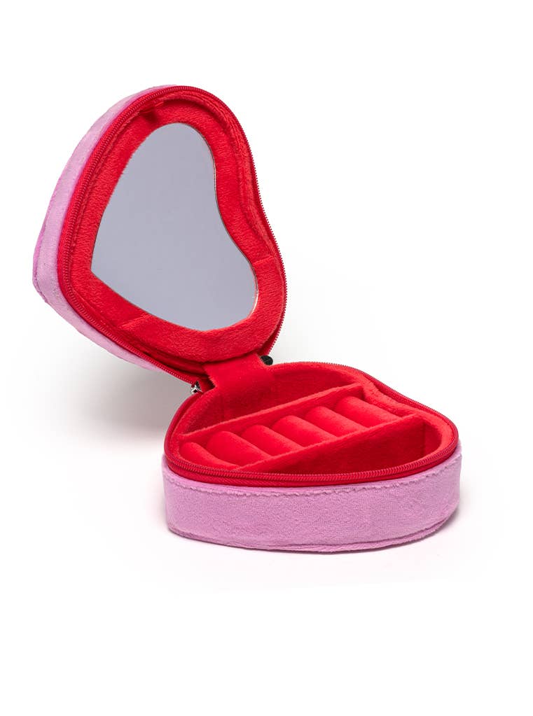 Velvet Jewelry Zip Case- Heart Shaped w/ Bow
