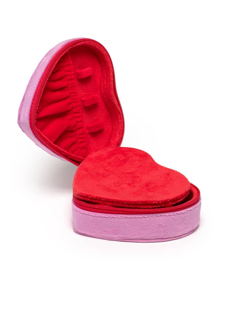 Velvet Jewelry Zip Case- Heart Shaped w/ Bow