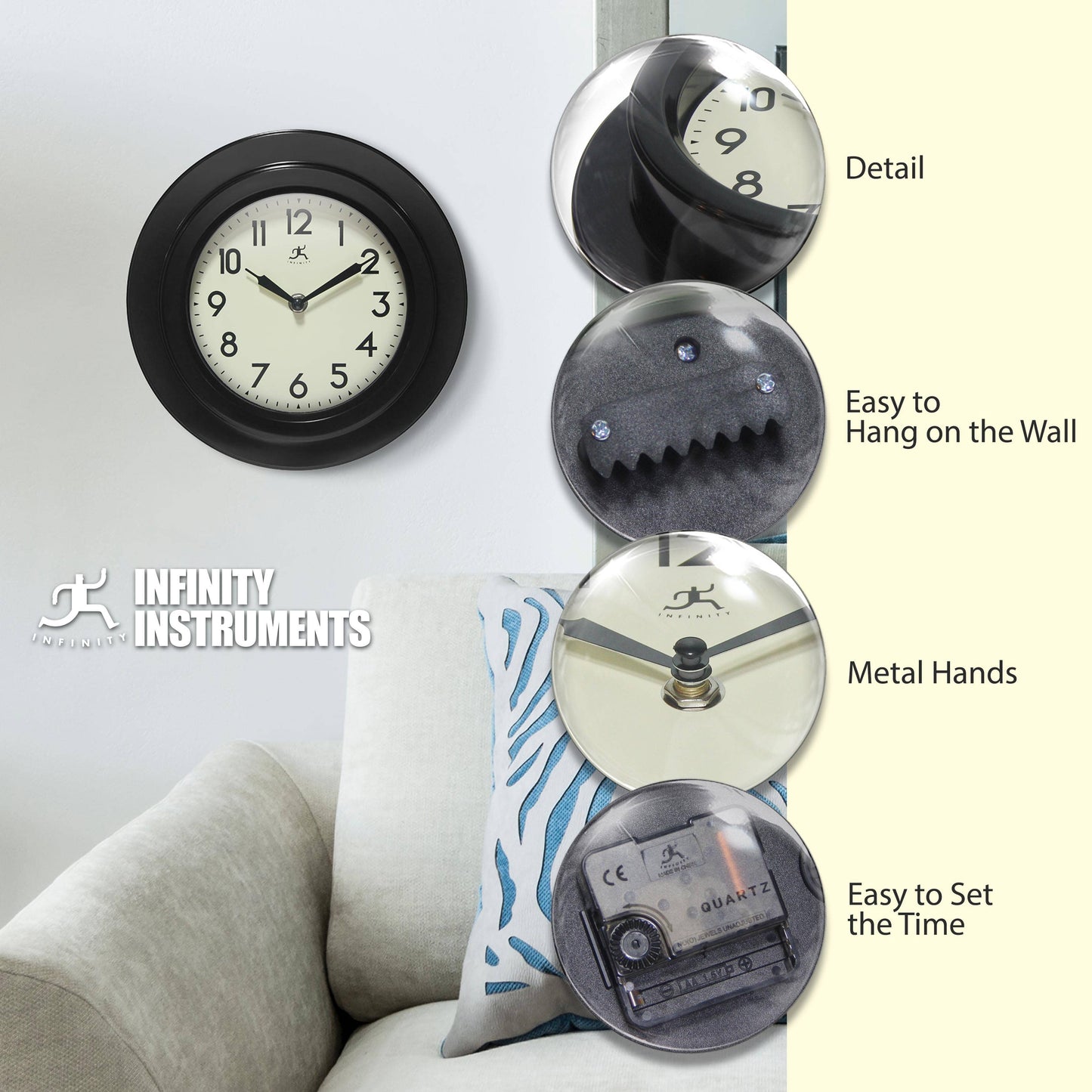 Midcentury/Modern Round Black Indoor Wall Clock 9.75 Inch