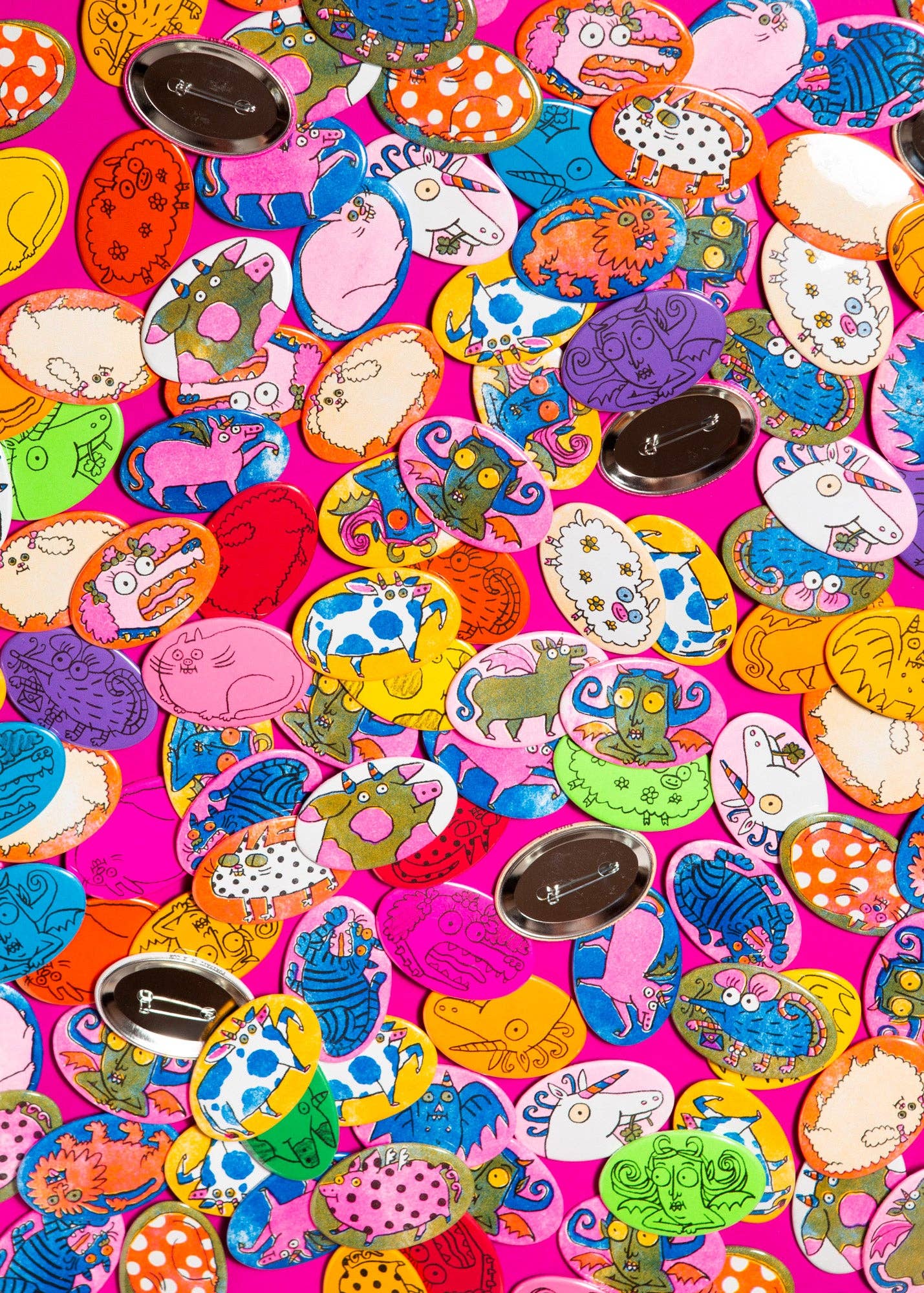 Mystery oval pinback buttons