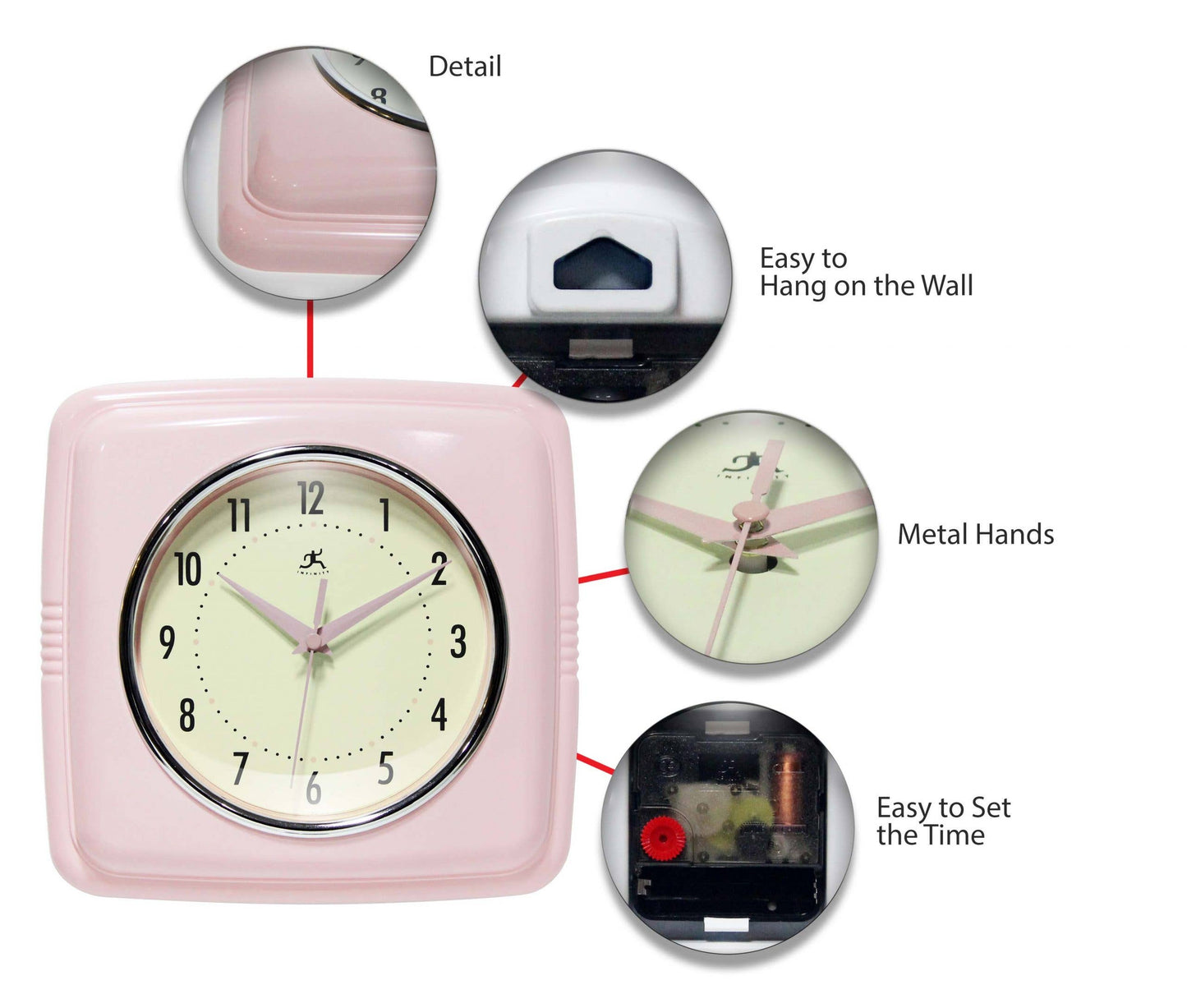Retro Square Pink Indoor Wall Clock