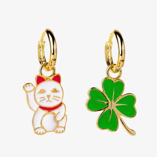 Hoop Earrings - Lucky Cat & Clover - Gold Shamrock