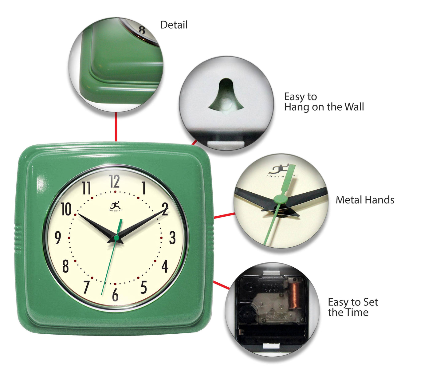 Retro Square Green Indoor Wall Clock