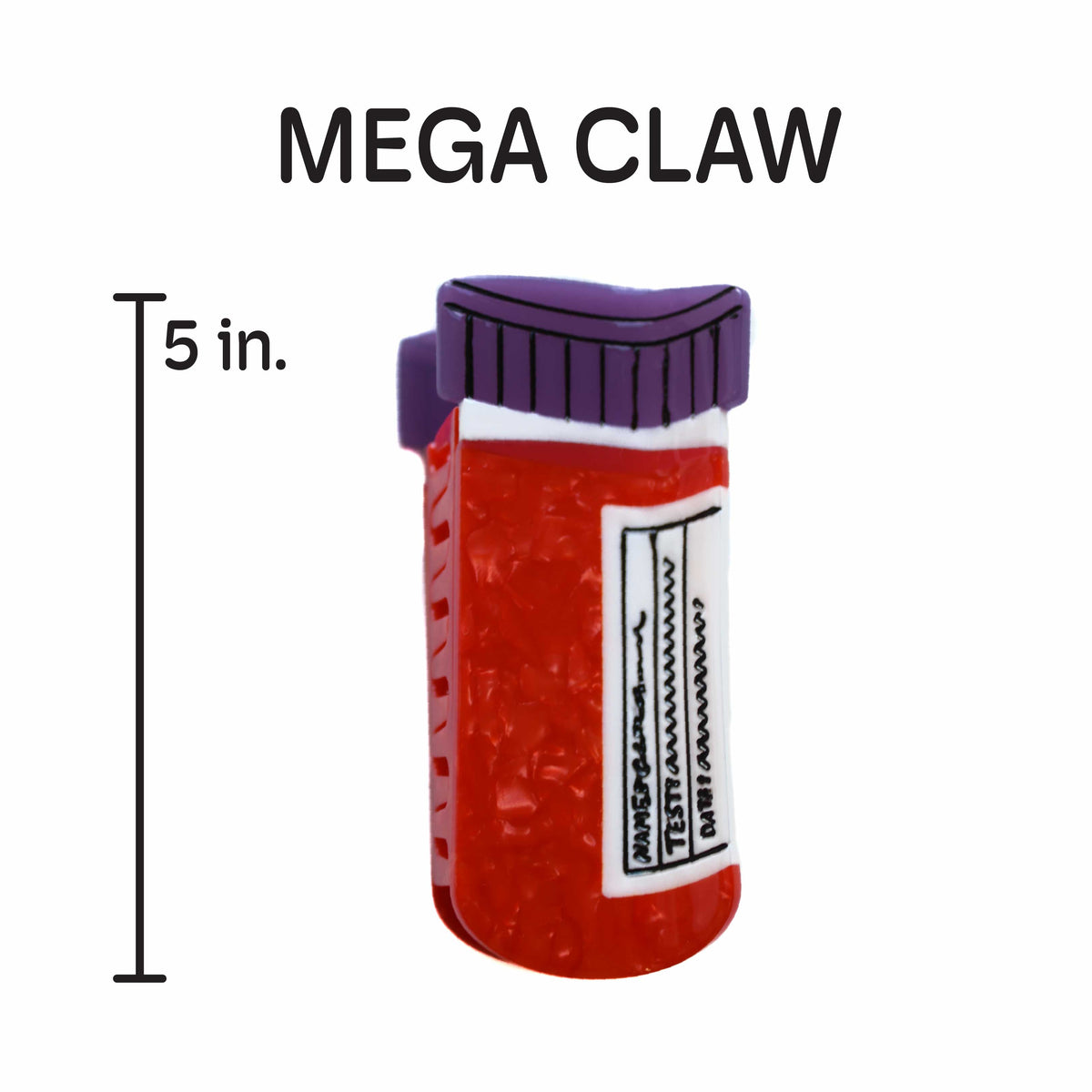 a mega hair claw designed to look like a blood vial. The clip is red with a white sample label, and a purple cap. the image has text saying "Mega Claw," as well as a line on the side showing the claw measures 5 inches