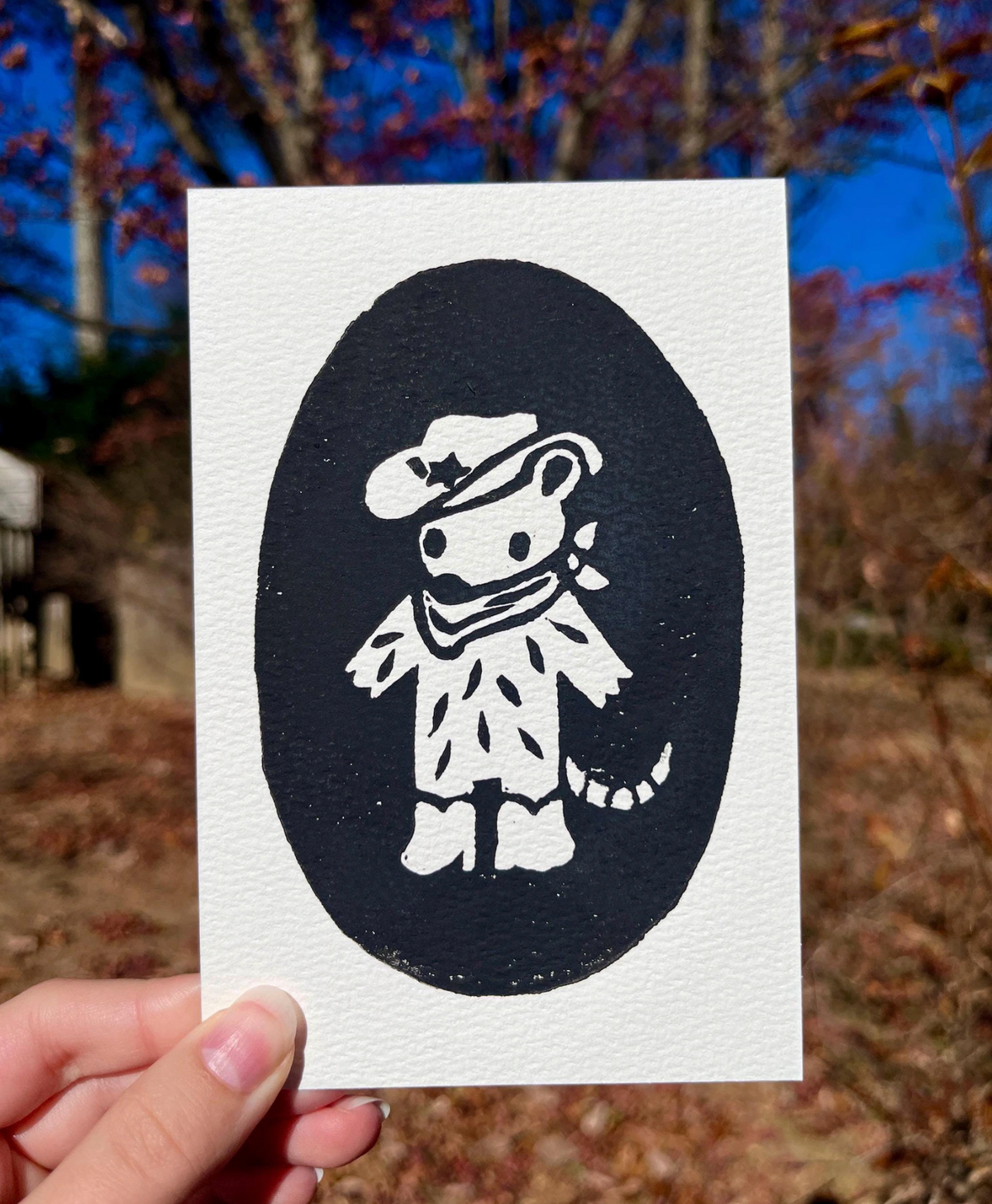 Cowboy Opossum Linocut Block Print