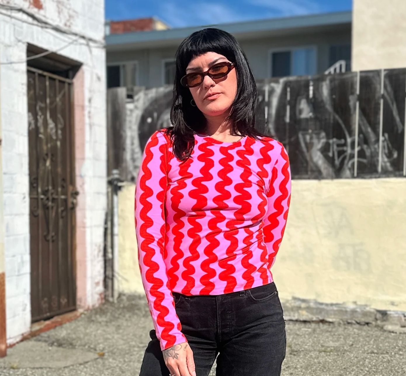 Long Sleeve Tee Pink Squiggle