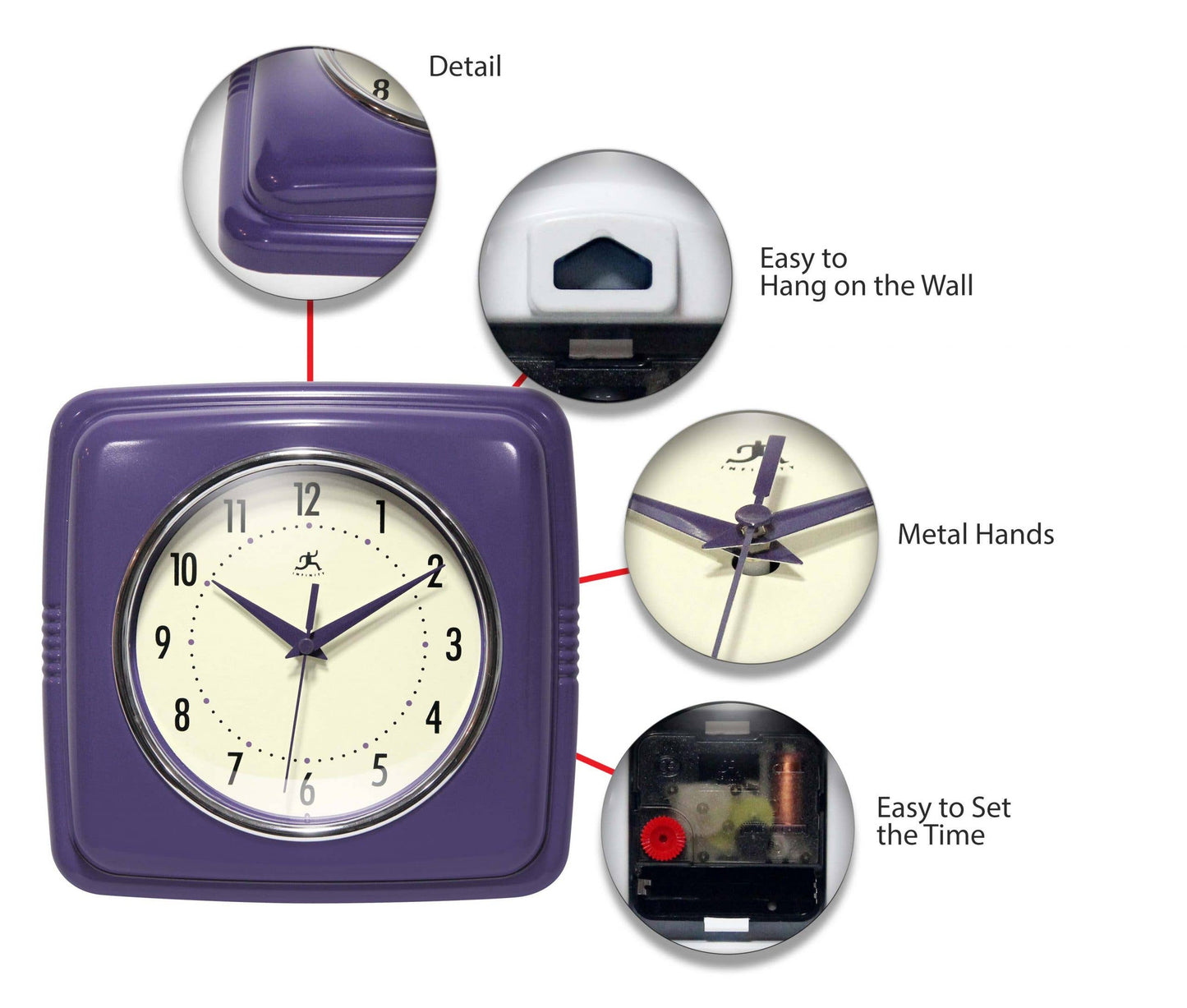 Retro Square Purple Indoor Wall Clock