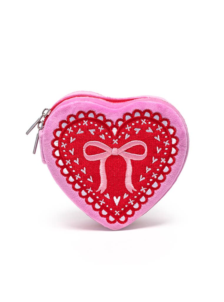 Velvet Jewelry Zip Case- Heart Shaped w/ Bow