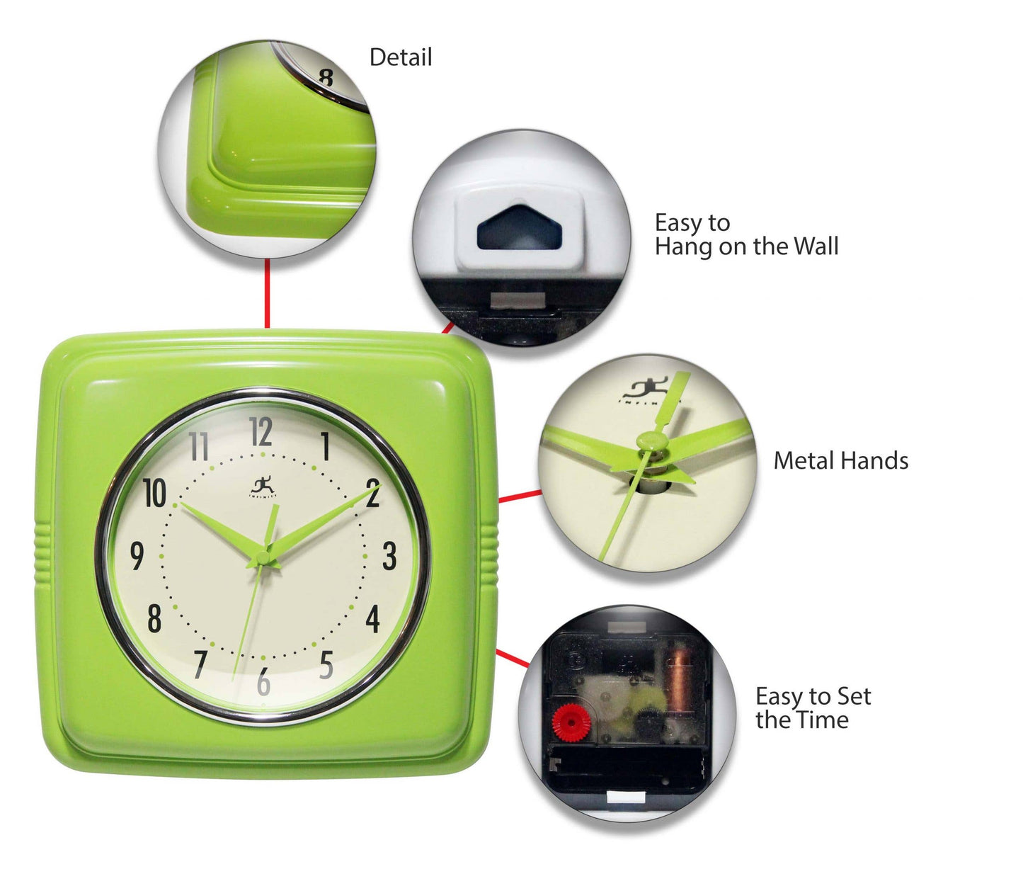 Retro Square Green Indoor Wall Clock 9.25 Inch