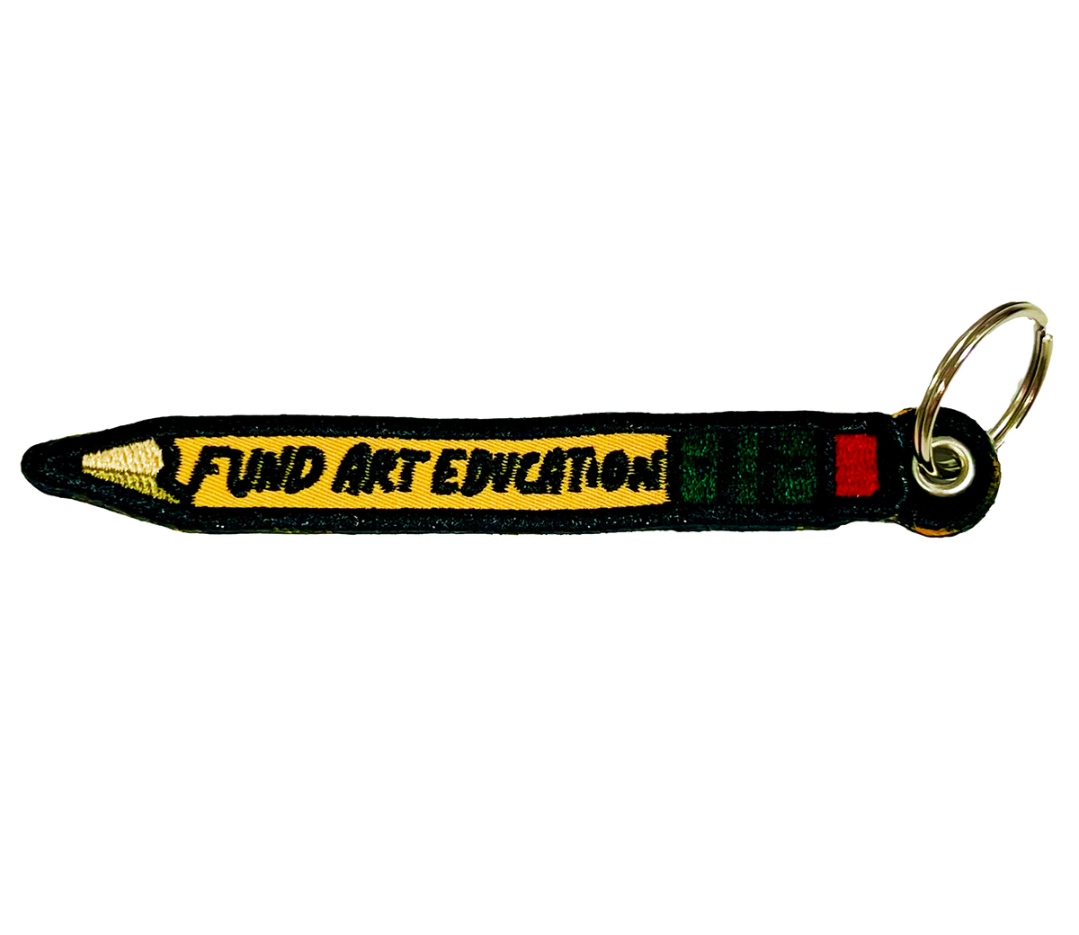 The Fund Art Education Embroidered Keychain, shaped like a yellow pencil with text reading 'FUND ART EDUCATION' and a silver key ring, on a white background.