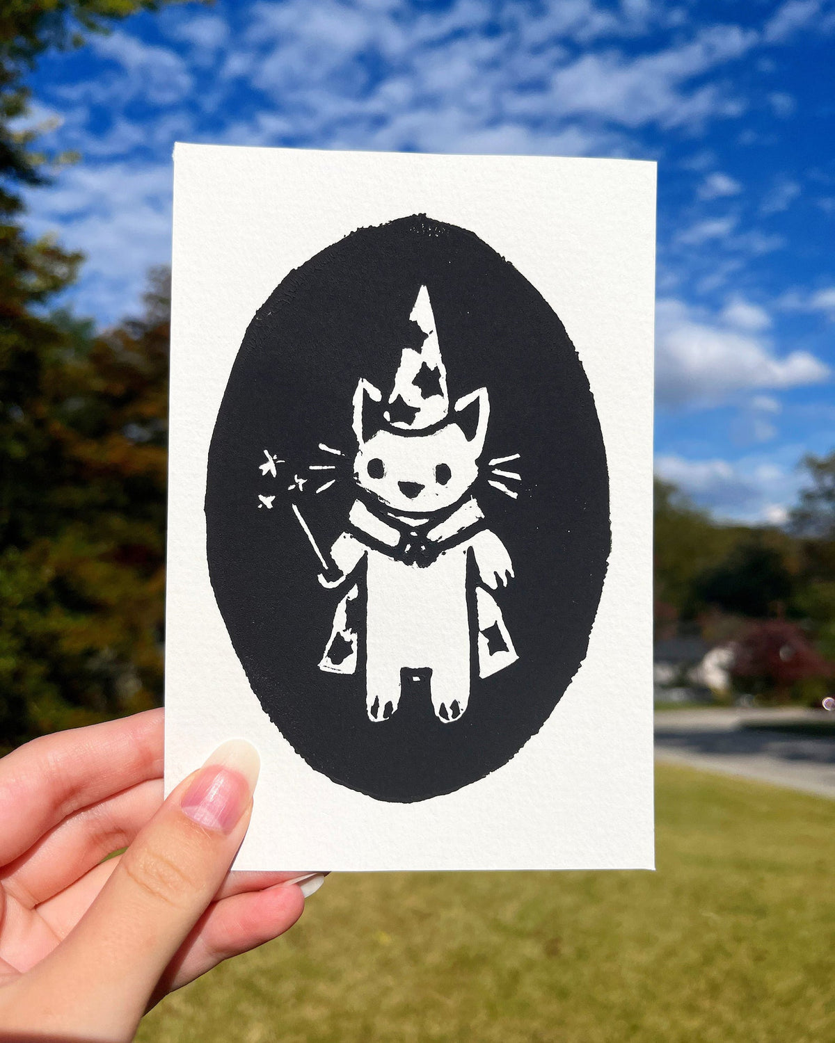 Magical Wizard Cat Linocut Print
