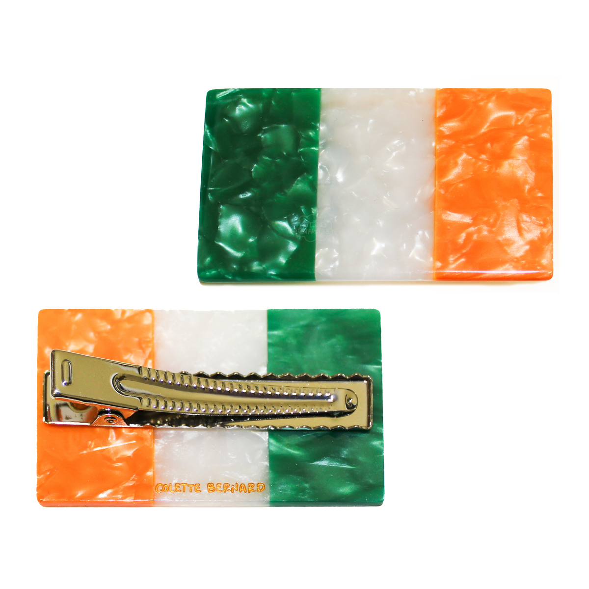 Two Irish Flag Clips on a white background, each a rectangular green, white and orange marbled flag, one from the front and one flipped to show the gold alligator clip and 'COLETTE BERNARD' logo.