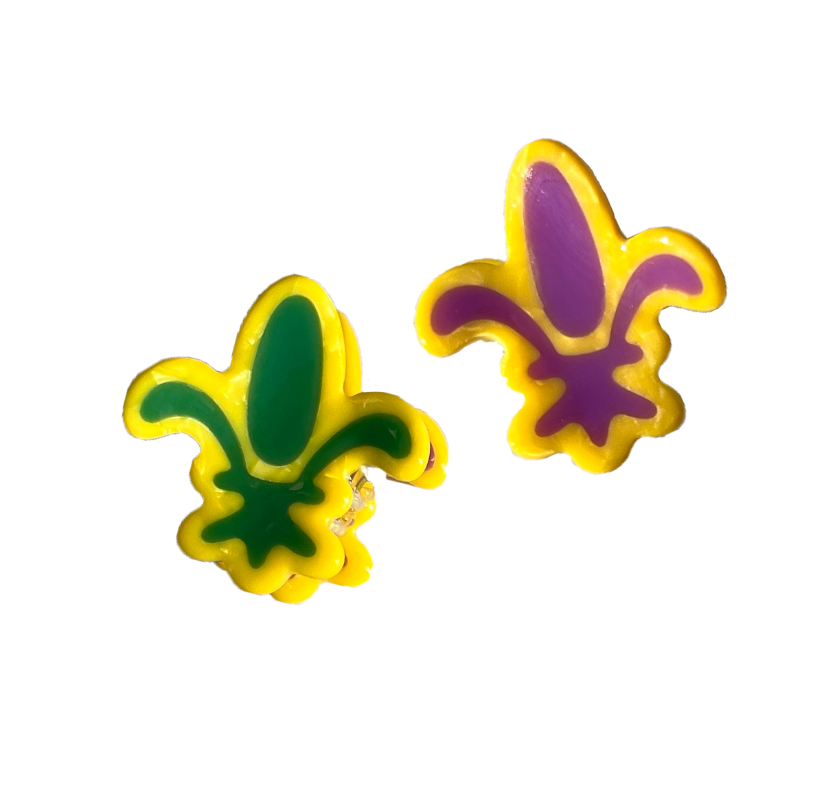 The Mardi Gras Fleur de Lis Mini Claws from the front on a white background, two fleur de lis shapes with yellow borders, one filled green and one filled purple.
