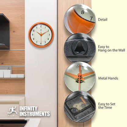 Retro Round Orange Indoor Wall Clock 9.5 Inch