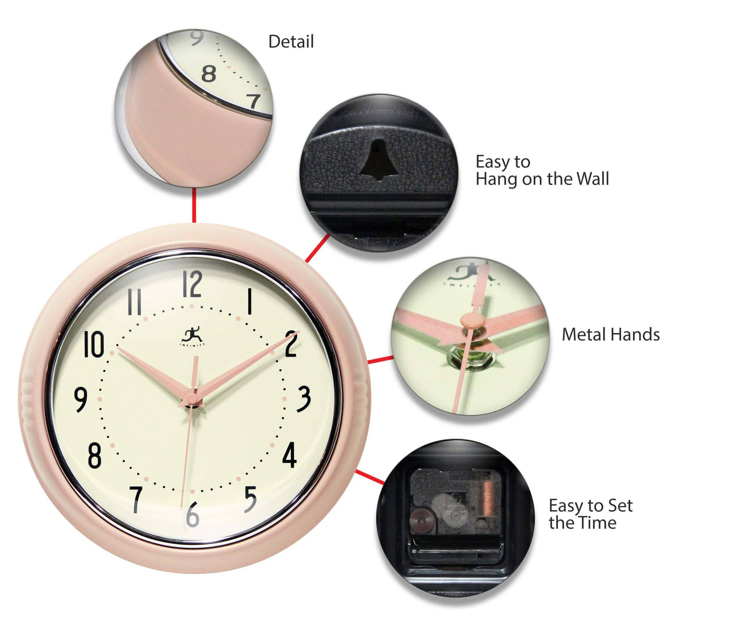 Retro Round Pink Indoor Wall Clock 9.5 Inch