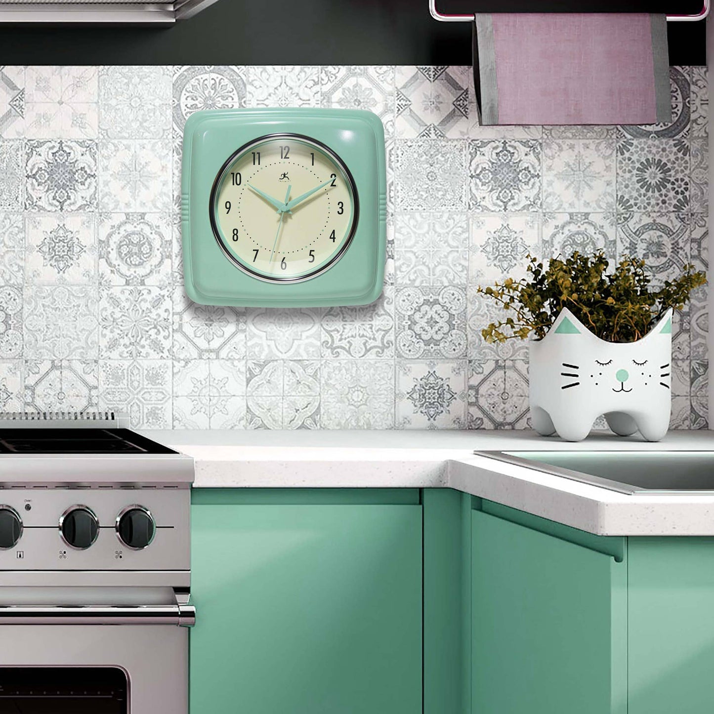 Retro Square Pastel Green Indoor Wall Clock 9.25 Inch