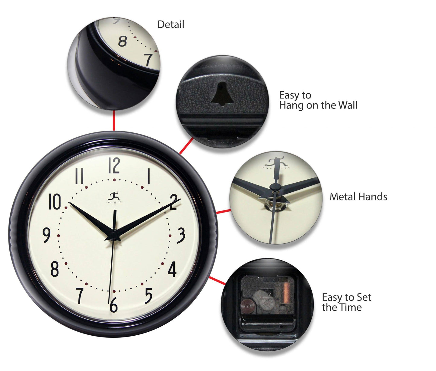 Retro Round Black Indoor Wall Clock 9.5 Inch