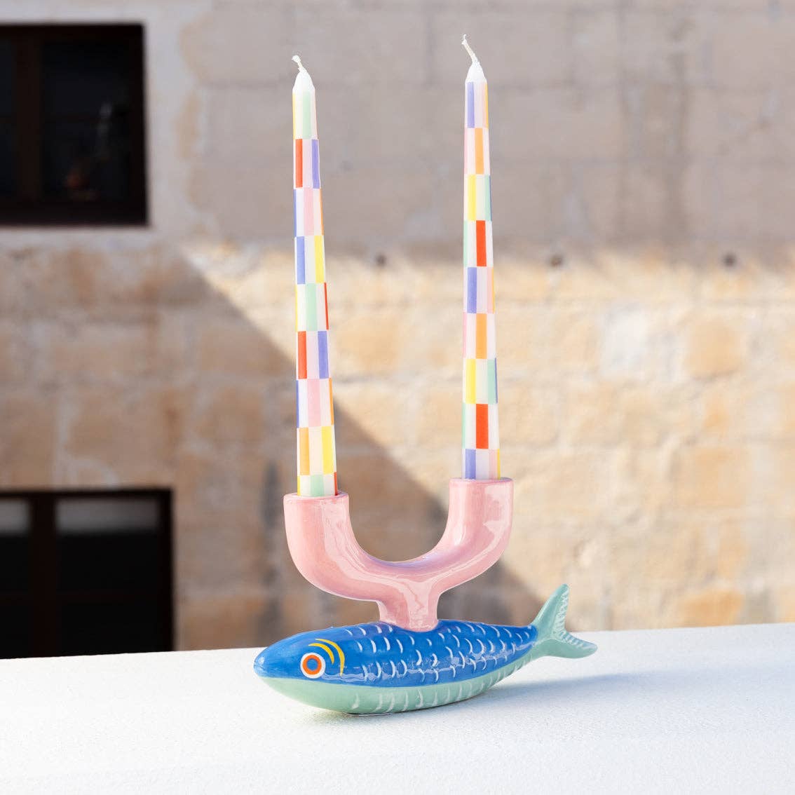 Multicolor Check Taper Candles - 2 Pack
