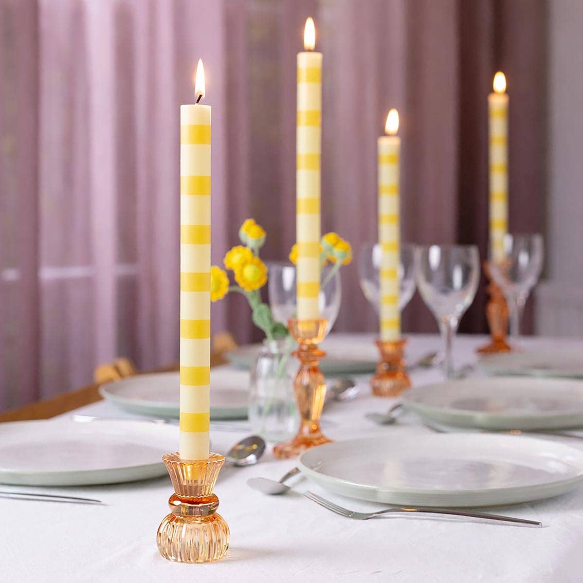 Yellow Stripe Dinner Candles