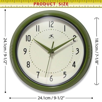 Retro Round Olive Green Indoor Metal Wall Clock 9.5 Inch