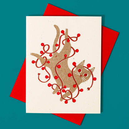 Tangled String Lights Cat - Risograph Card