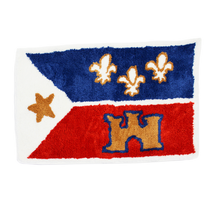 Decorative rug of the Acadiana Flag on a white background.