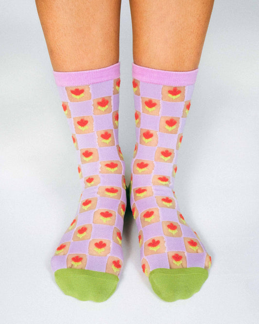 Checkered Tulips Sheer Ankle Sock by Hannah Packer