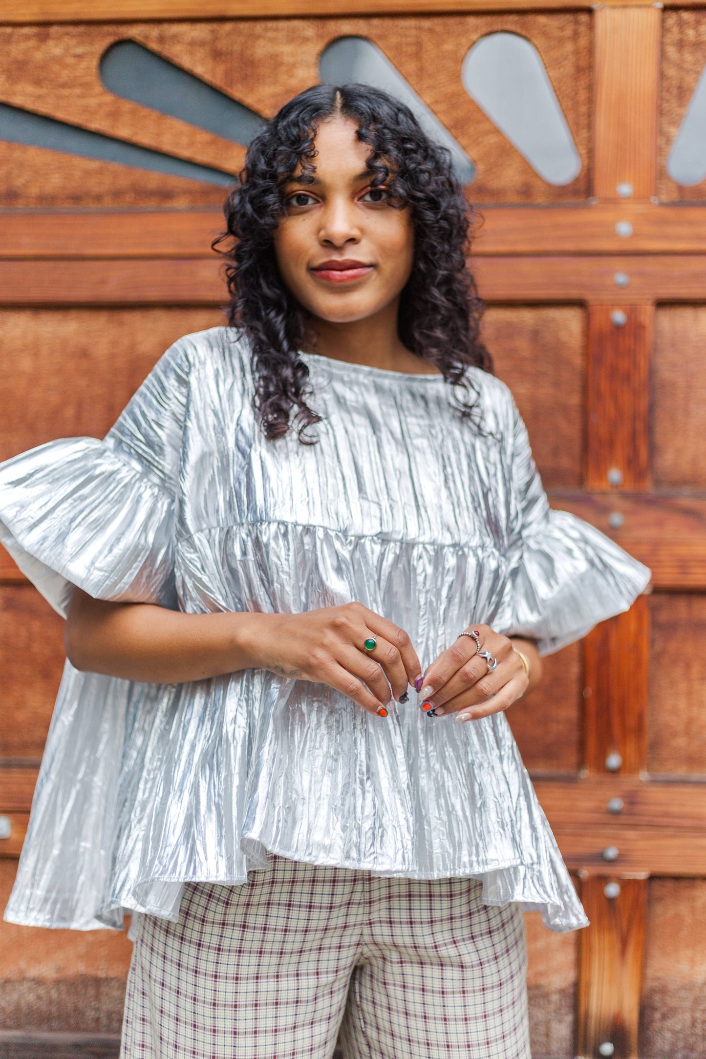 Size-Inclusive Plus Size Womens Silver Metallic Gathered Top