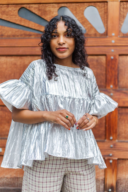 Size-Inclusive Plus Size Womens Silver Metallic Gathered Top