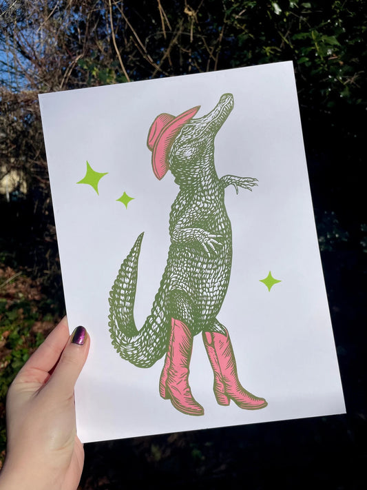 Cowboy Alligator Linocut Print