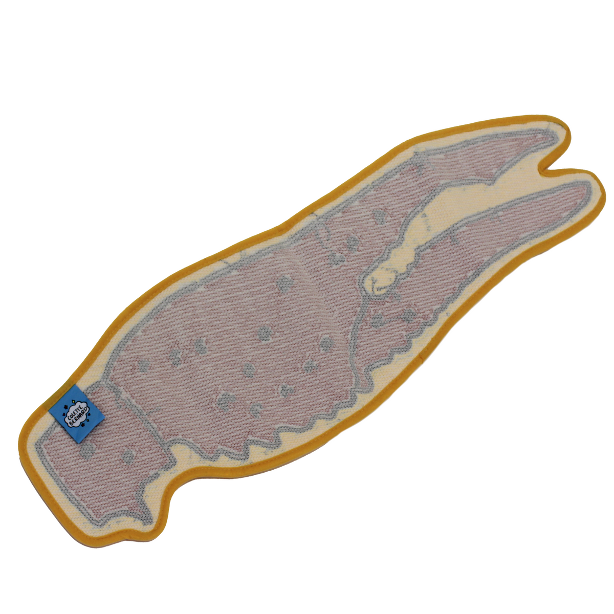 The back of the Crawfish Claw Rug showing the mesh backing, yellow edge binding and a blue Colette Bernard tag, on a white background.