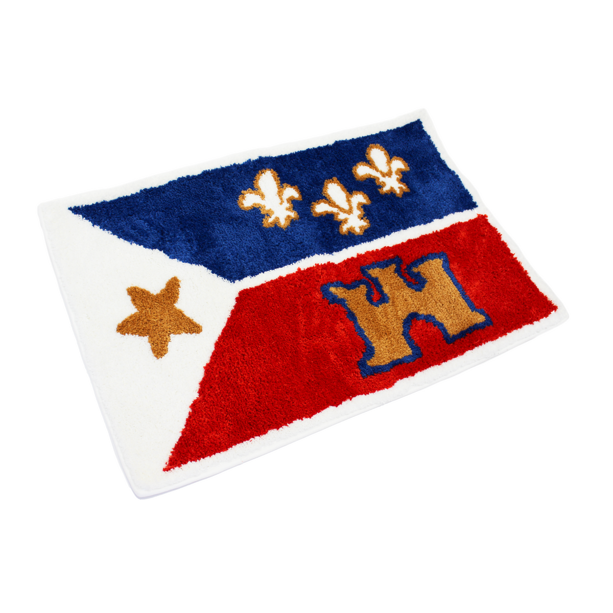 Decorative rug of the Acadiana Flag on a white background.