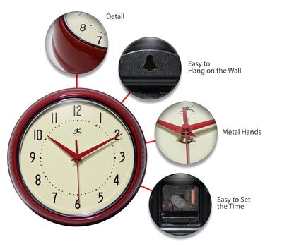 Retro Round Red Indoor Wall Clock 9.5 Inch
