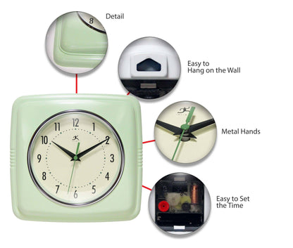 Retro Square Green Indoor Wall Clock 9.25 Inch