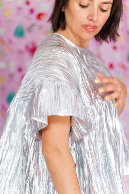 Size-Inclusive Plus Size Womens Silver Metallic Gathered Top