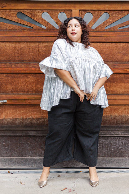 Size-Inclusive Plus Size Womens Silver Metallic Gathered Top