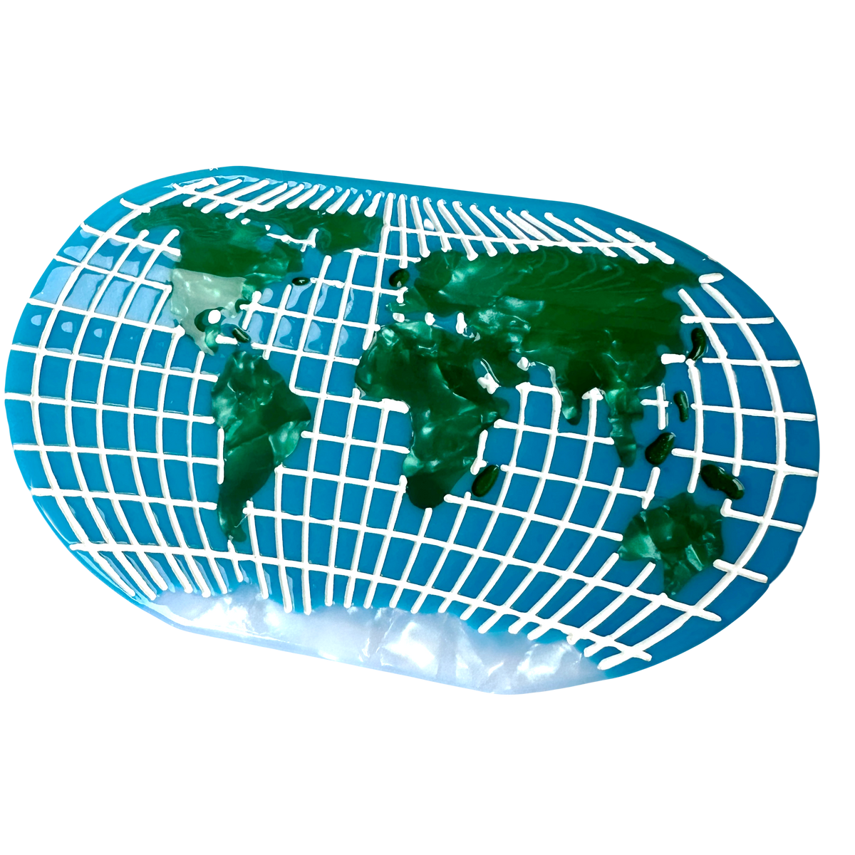 A top down shot of the World Map Hair Claw, showing the blue oval with white grid lines and green marbled continents on a plain white background.