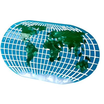 A top down shot of the World Map Hair Claw, showing the blue oval with white grid lines and green marbled continents on a plain white background.