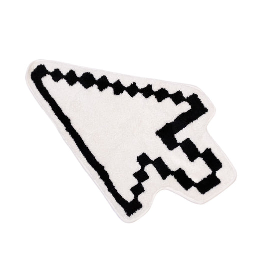 The Cursor Rug, a fluffy white rug shaped like a pixelated computer mouse arrow with a thick black outline, on a white background.