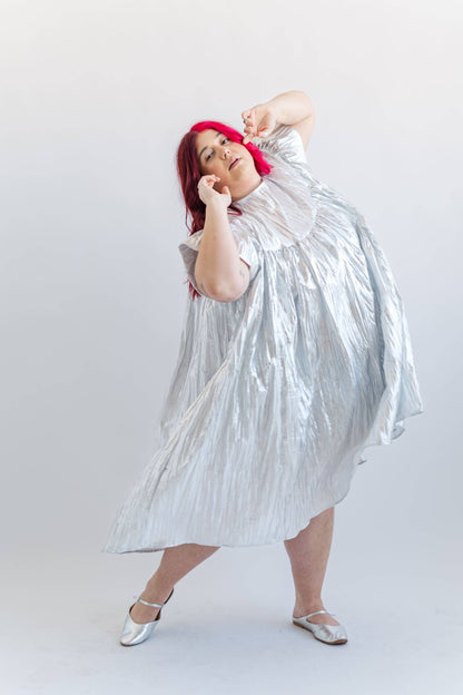 Size Inclusive Plus Size Silver Metallic Ruffle Maxi Dress