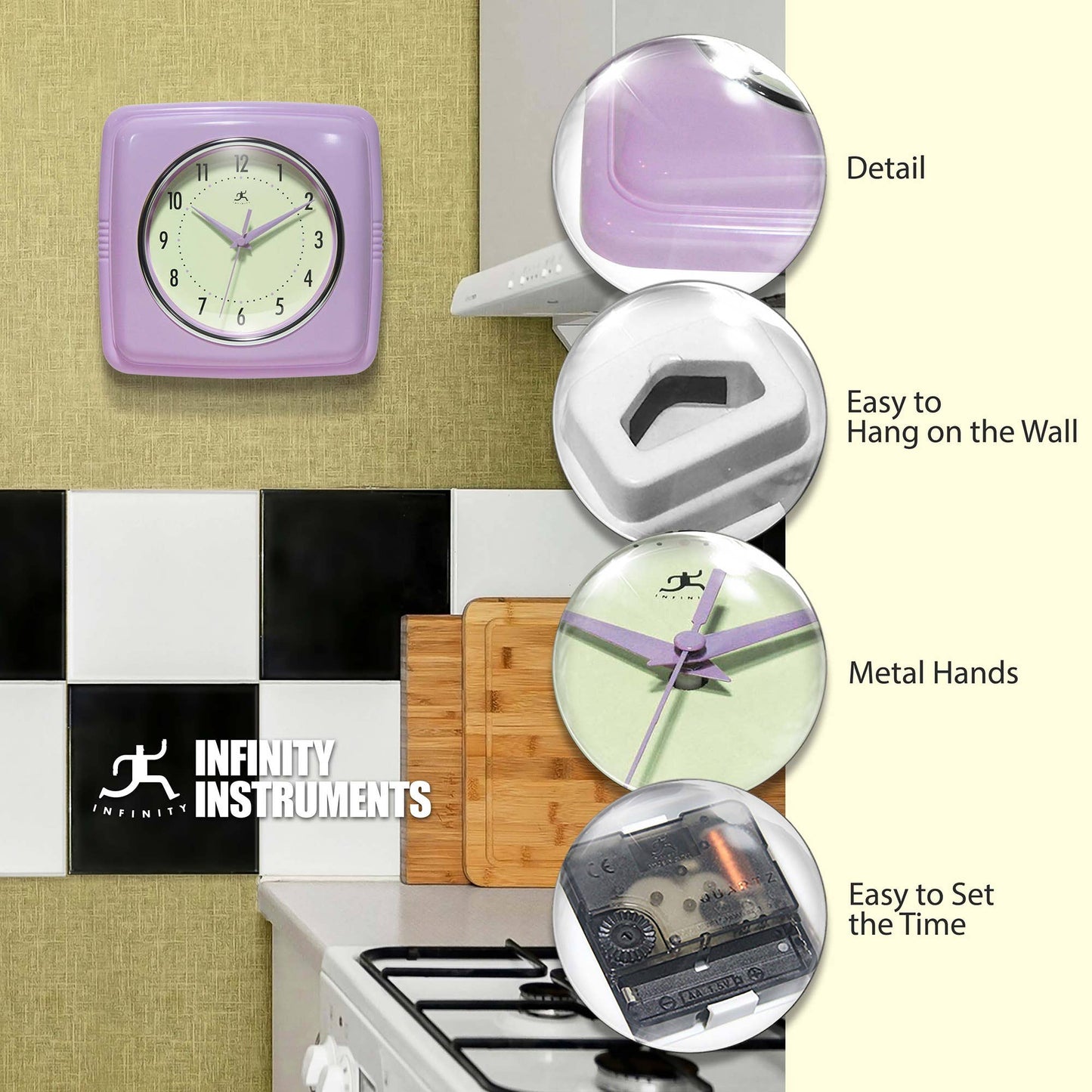 Retro Square Lavender Indoor Wall Clock 9.25 Inch