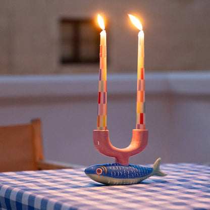 Multicolor Check Taper Candles - 2 Pack