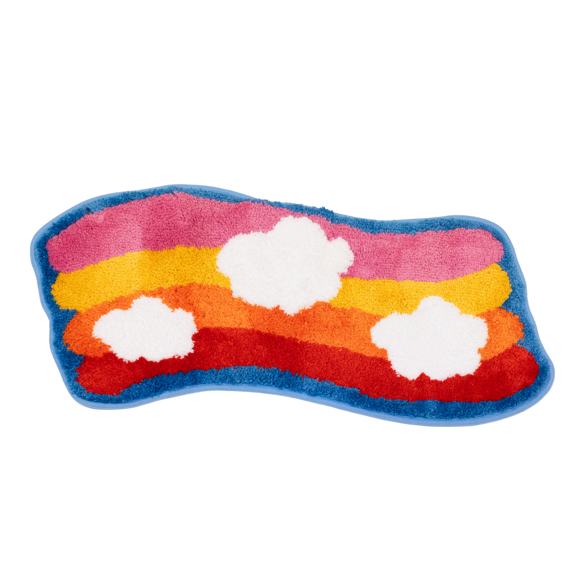 The Daydream Rug on a plain white background. It is a wavy tufted rug with pink, yellow, orange and red rainbow stripes, three white clouds and a blue border.