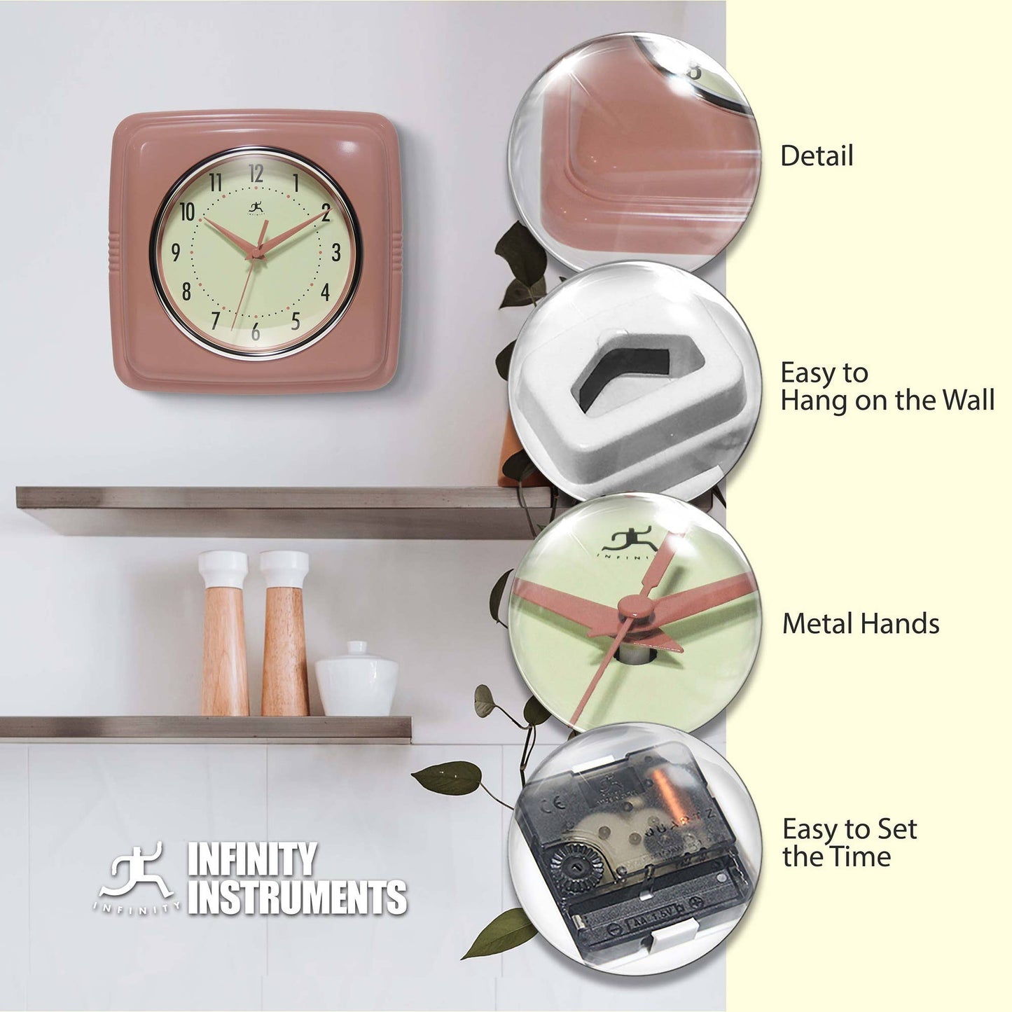 Retro Square Terracotta Indoor Wall Clock 9.25 Inch