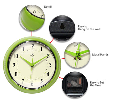 Retro Round Green Indoor Wall Clock 9.5 Inch