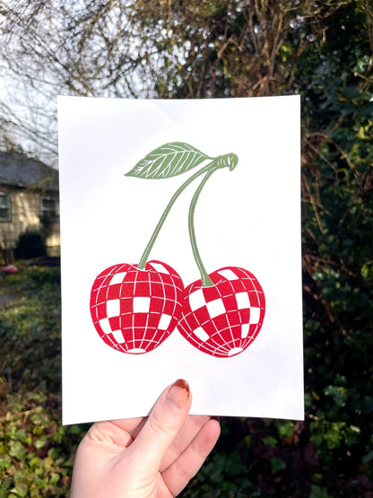 Disco Cherries Linocut Print