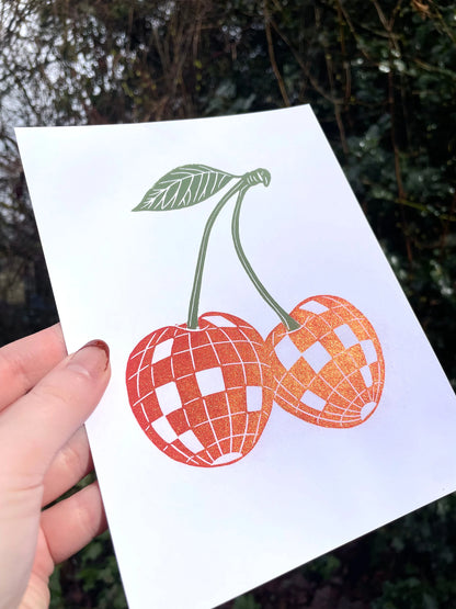 Disco Cherries Linocut Print