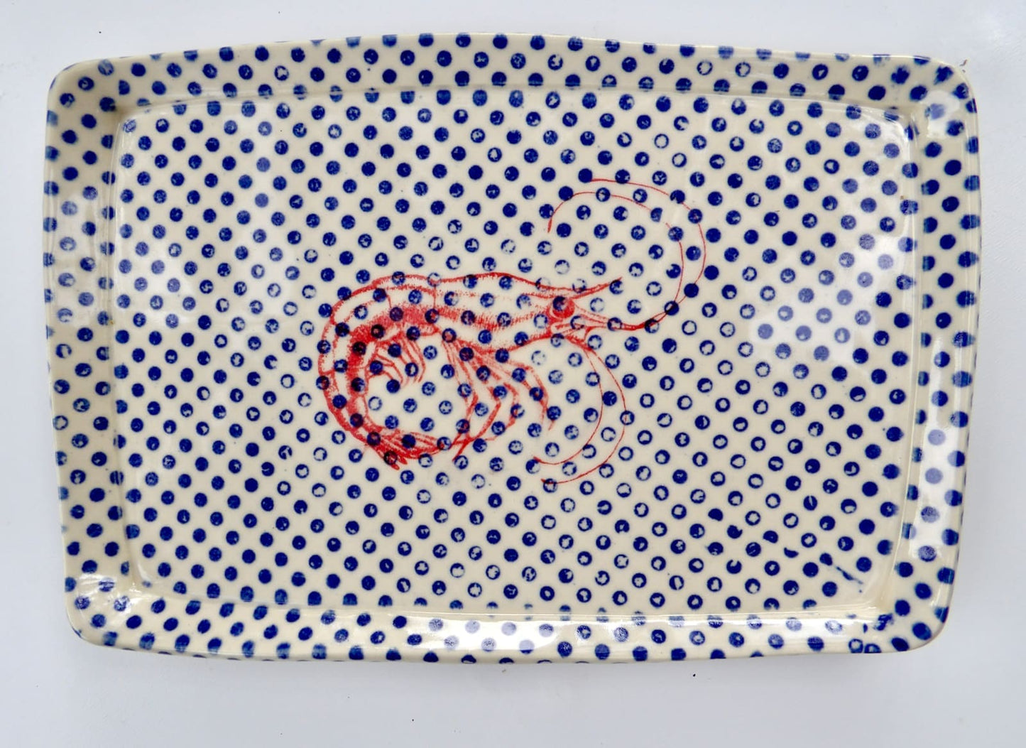 Rectangular Ceramic Tray – Blue Polka Dot & Shrimp Print