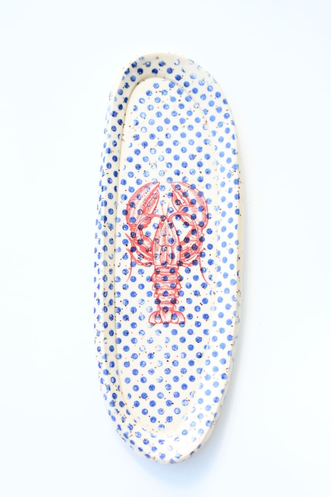 Handmade Ceramic Tray — Blue Polka Dot with Red Lobster Illustration